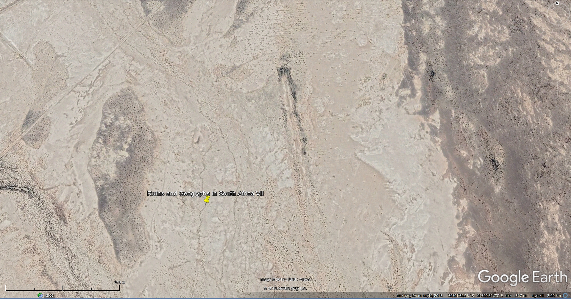 Aerial craft impact trenches deep in the Kalahari Desert