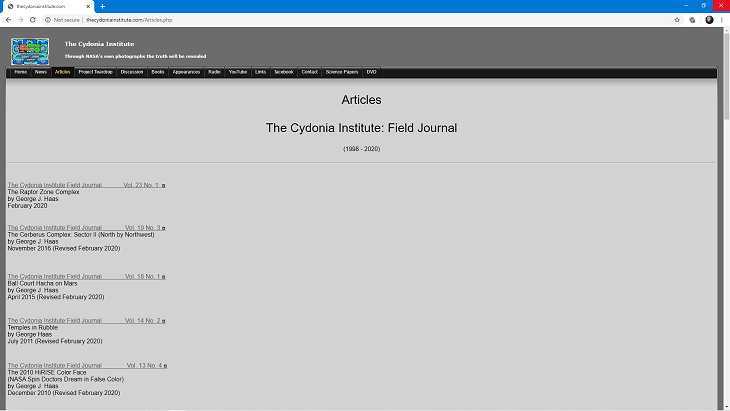 The Cydonia Institute Raptor Zone Journal Listing (click for larger image)