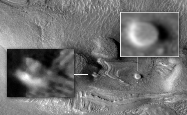 Disc-like craft and mining equipment on Martian surface
