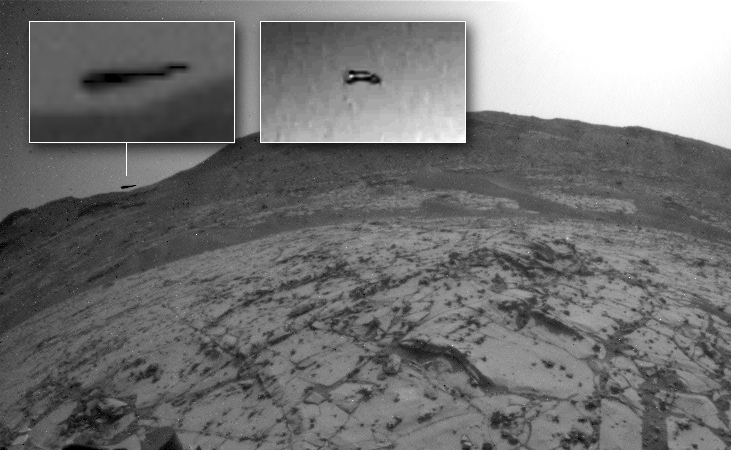 Black triangular object photographed on Mars horizon