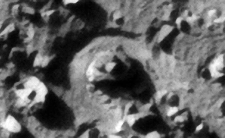 Megalithic blocks with three smaller features or knobs on top strategically located in the center of a circular opening, another small winglet can be seen to the lower left of the image as well as a object with two small rectangular features on top