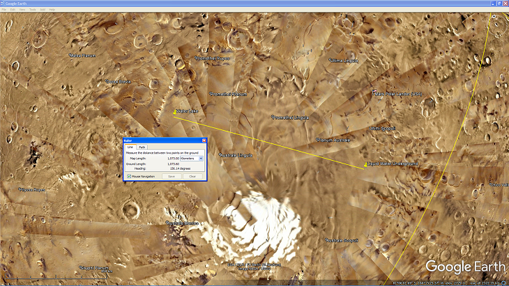 An area showing a lake on the Martian surface about 1000 km to the west of the underground liquid water lake
