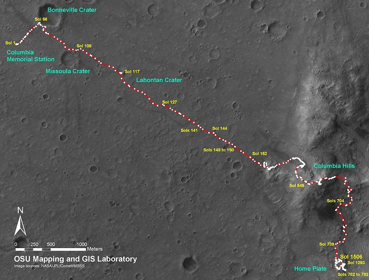 Spirit's location in Sol 672 (click for larger image)