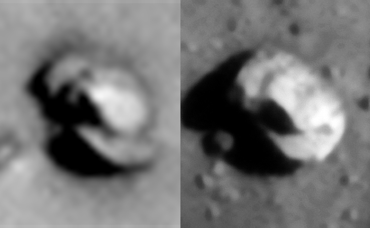 The two objects side-by-side. Left: ESP_014166_1820, right: PSP_007740_2250