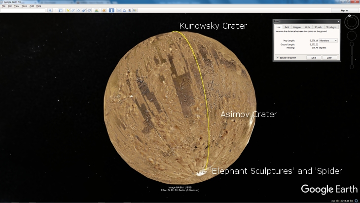Google Earth Mars showing line from 'Elephant Head Sculptures' passing Asimov Crater