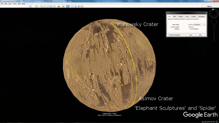 Google Earth Mars showing line extending past Asimov Crater ending at Kunowsky Crater