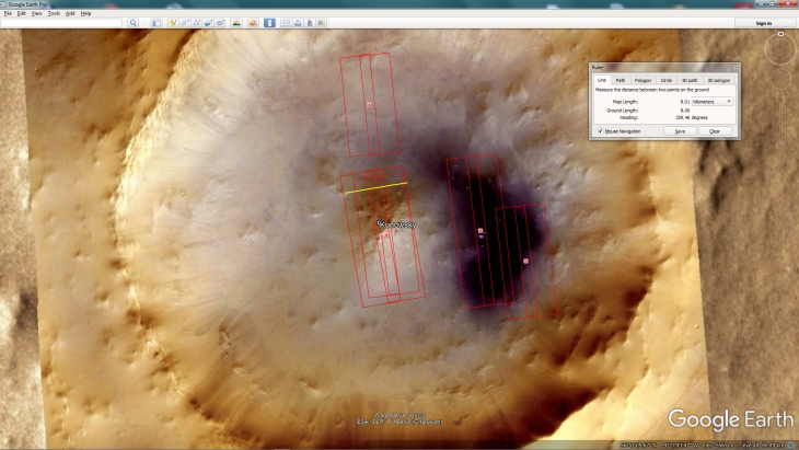Google Earth Mars showing Pyramid inside Kunowsky Crater - A side is approximately 8 km wide