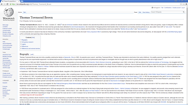 Thomas Townsend Brown Wikipedia screenshot - Source: wikipedia.org